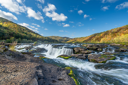 Red Creek river flowing water above view in Dolly Sods, West Virginia with colorful autumn fall leaf colors tree foliage at Canaan valley Appalachian mountains