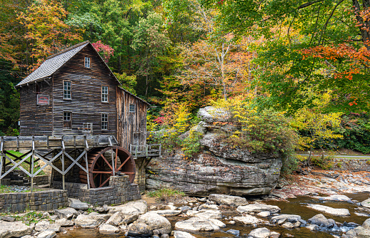 Historic trading post and water mill in the woods of Great Smoky Mountains near Cherokee, North Carolina, USA