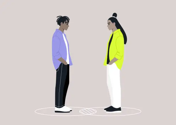 Vector illustration of Two characters standing within their individual circles that intersect, serving as a metaphor for both their commonalities and differences