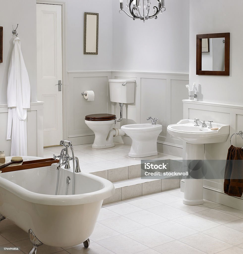 Interior of traditional white bathroom Traditional master bathroom Bathroom Stock Photo