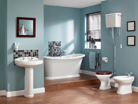 Large traditional blue bathroom