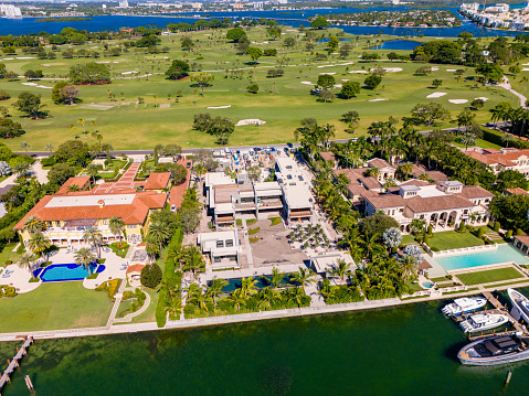 Miami Beach, FL, USA - October 17, 2023: Aerial drone photo of Tom Brady mansion under construction Indian Creek Island Miami Beach