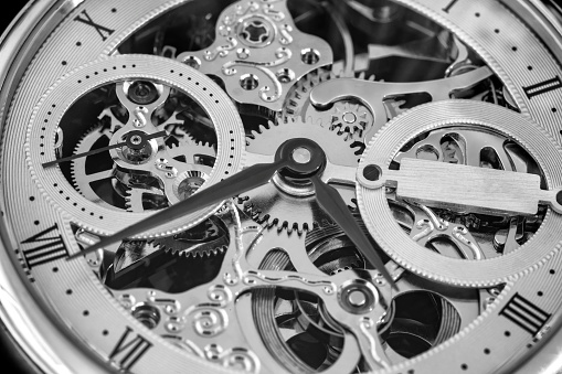 Macro shot of clockwork gears inside the watch