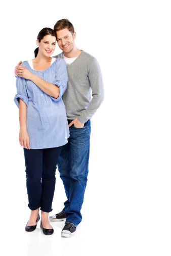 Full length images of happy young couple standing together on white background