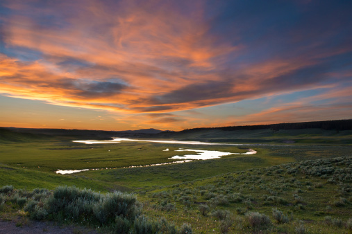 This is a color photograph of a summer sunset over the rivers and grassland of Hayden Valley in Yellowstone National Park, Wyoming.