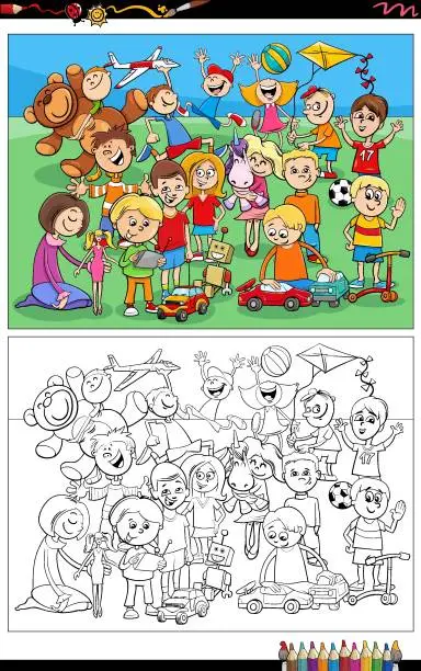 Vector illustration of cartoon children and toys characters group coloring page