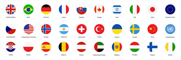National flags icons vector, main flag languages set. UK, Germany, USA, Russia, China,Franceâ¦ Isolated circle buttons on white background. Website language choice symbols. Vector UI flag design.