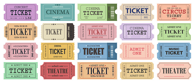 Vector set of admit one tickets template. Ticket for cinema,movie,circus,theater, film,festival,casino,club,music etc. Event admission, entrance pass set .