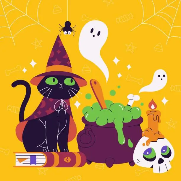 Vector illustration of flat halloween season with black cat ghosts design vector illustration