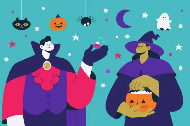 Vector illustration of flat halloween season with witch vampire design vector illustration