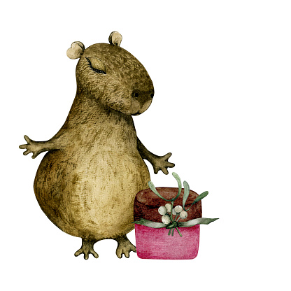 istock Cute South American animal. Capybara. Christmas gift. mistletoe. Isolated watercolor illustration 1745049982
