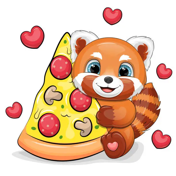 Vector illustration of Cute cartoon red panda with a big piece of pizza.