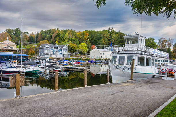 A serene view of Rockport Marina with calm waters and a cloudy sky, highlighting the beauty of this picturesque location in Ontario.