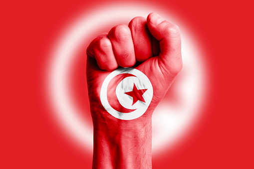 Man hand fist of TUNISIA flag painted. Close-up