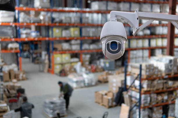 istock closed circuit camera Multi-angle CCTV system against the background of a modern warehouse complex. The concept of protection of goods 1745061897