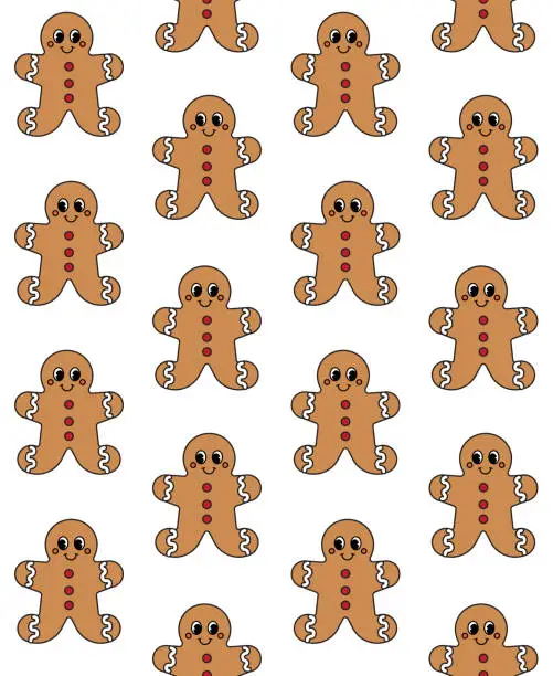 Vector illustration of Vector seamless pattern of groovy retro cartoon Christmas ginger bread man cookie