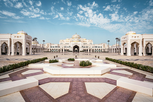Abu Dhabi, United Arab Emirates - February 28, 2023: Architectural landmark Qasr Al Watan Presidential Palace in Abu Dhabi, United Arab Emirates (UAE).