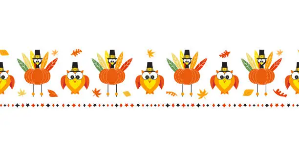 Vector illustration of Thanksgiving turkey and owl cute seamless pattern