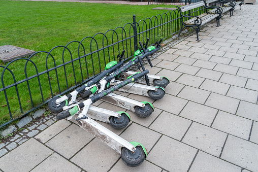 Stockholm, Sweden - December 23, 2020: e-scooters for hire in the swedish capital