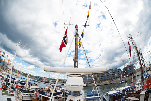 Oslo, Norway - July 19 2014: View over a gathering of vintage wooden boats in Oslo.