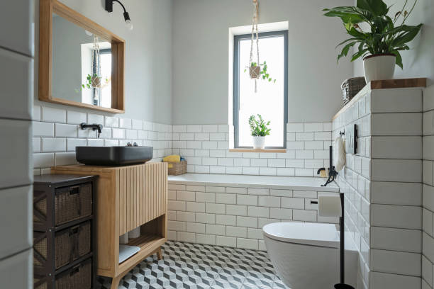 istock Home interior with bright bathroom in white colour. 1745131915