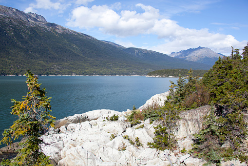 The aerial scenic view of Smuggler's Cove in Skagway town in early Autumn (Alaska).