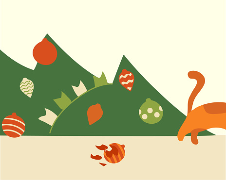Cat dropped tree and broke ball. Christmas tree decoration. Red kitten ran away. Christmas interior. Pet threw tree. Little trouble. Meme. New Year image. Vector illustration