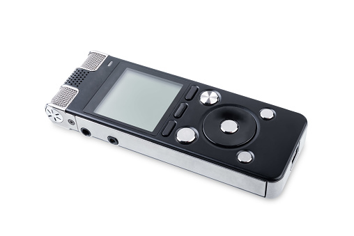 Black voice recorder on a white isolated background.