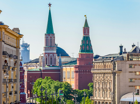 Tverskaya street and Kremlin towers in center of Moscow, Russia