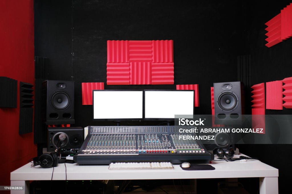 Recording Studio Computer Front View Of The Mixing Console And Computer Screens In The Recording ...