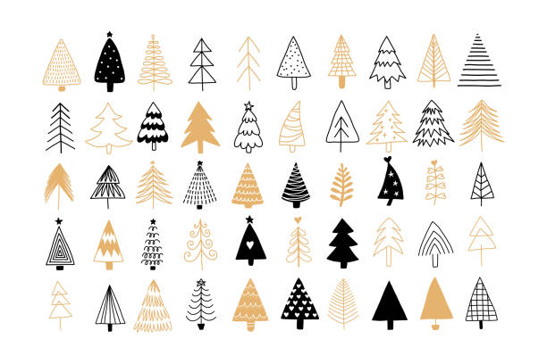 Hand drawn set of Christmas trees. New Year line art and silhouette illustration. Abstract doodle black and gold drawing woods. Merry Christmas vector Hand drawn set of Christmas trees. New Year line art and silhouette illustration. Abstract doodle black and gold drawing woods. Merry Christmas vector christmas tree stock illustrations