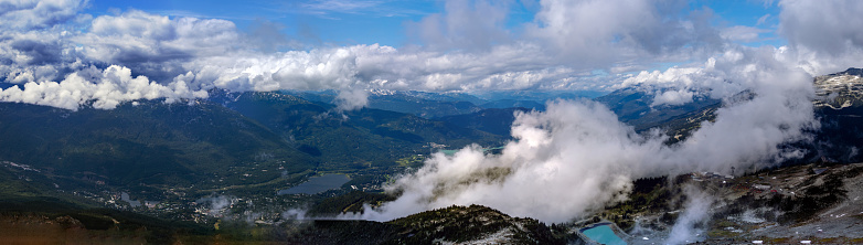 Panorama of clouds covering the whistler valley as seen from the top of Mt. Blackcombe, BC, Canada