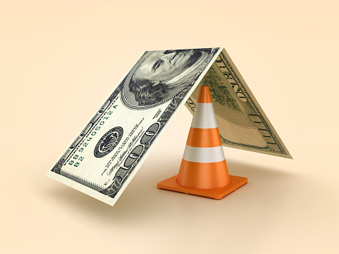 Traffic Cone with Dollar Bill Roof - Color Background - 3D rendering