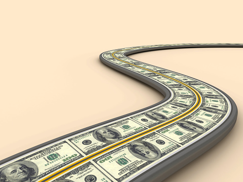 Winding 3D Road with Dollar Bills - Color Background - 3D Rendering