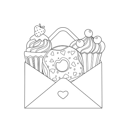 Cute coloring book with envelope and cupcakes, donut. Outline, cake sketch, black and white vector.