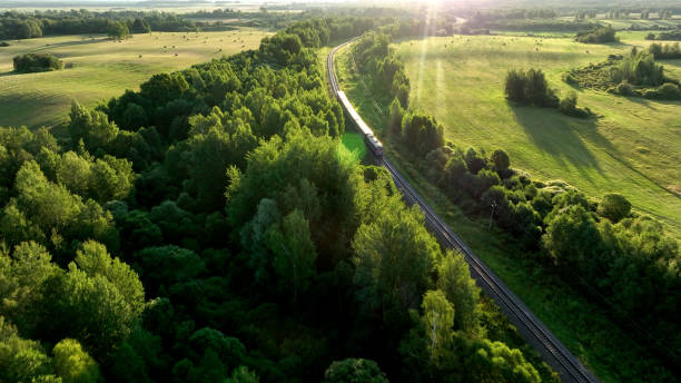 istock Train on railway in motion. Traveling on Passenger train on railway from forest, aerial view. 1745201501