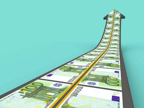 3D Road Arrow with Euro Bank Note - Color Background - 3D Rendering