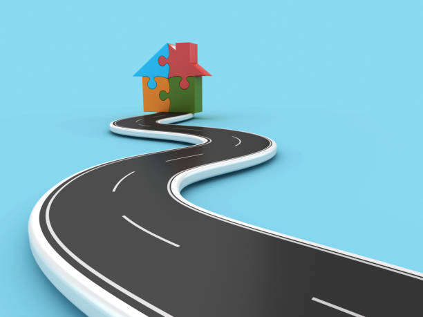Winding 3D Road with Puzzle House stock photo