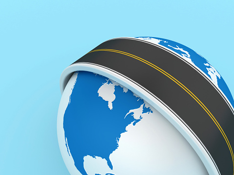 3D Road around Globe World Map - Color Background - 3D Rendering