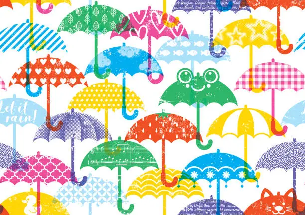 Vector illustration of Umbrellas Seamless Pattern Autumn Background with Risograph Effect
