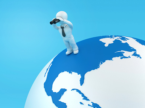 Cartoon Business Character with Binoculars on Globe World Map - Color Background - 3D Rendering