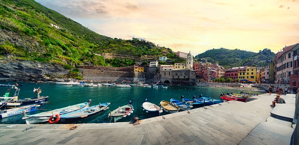 Vernazza,Italy: Sept 1,2022-A panoramic view of a small fishing town of Vernazza and Church of St. Margaret of Antioch in the famous Cinque Terre region in Italy