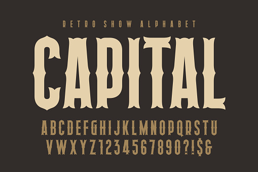Retro circus alphabet design, cabaret, condensed letters and numbers. Original design