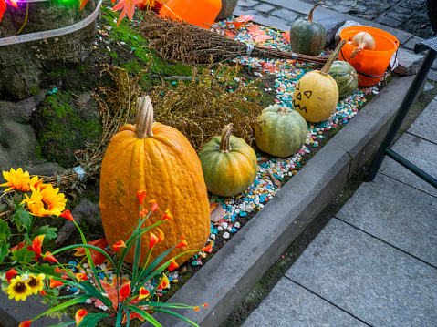 Colorful Autumn Thanksgiving display with flowers,pumpkins and straw.