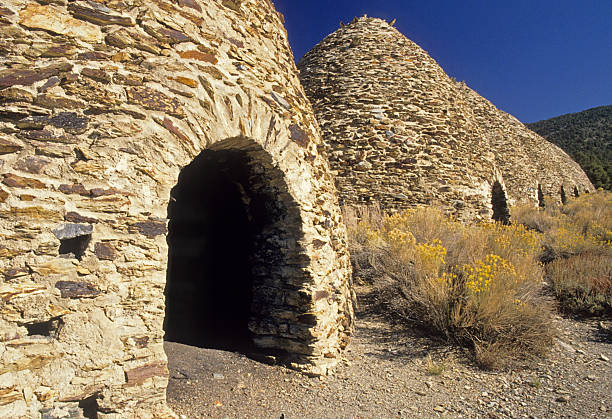 Historic charcoal kilns in California "Historic Wildrose charcoal kilns near Death Valley, California" rabbit brush stock pictures, royalty-free photos & images