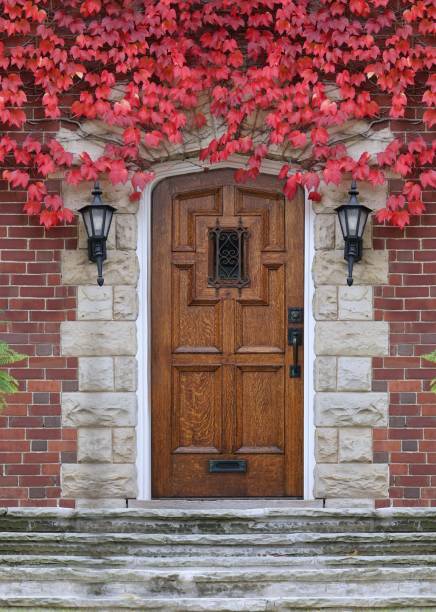 istock elegant wood grain front door and red ivy in fall 1745359316