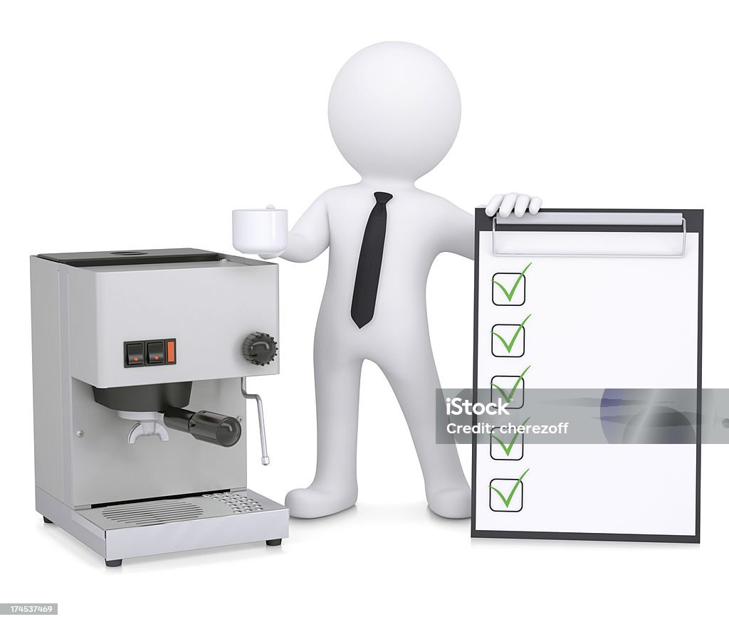 3 d 인명별 남자의 커피 머신 및 체크리스트 - 로열티 프리 3차원 형태 스톡 사진