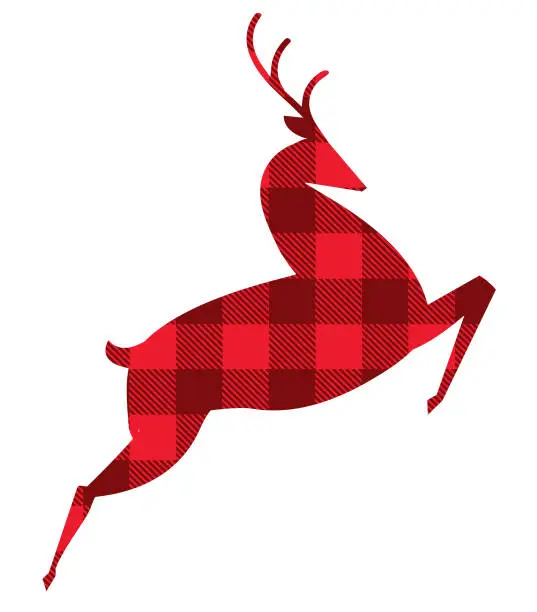 Vector illustration of Deer silhouette with red checkered plaid texture abstract deer on white background