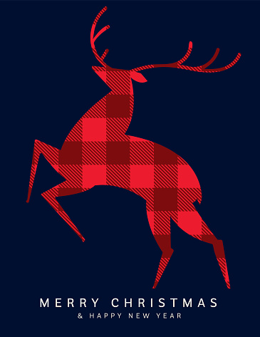 Vector illustration of a Merry Christmas and Happy New Year greeting design with red checkered plaid texture abstract deer. Includes vector eps and high resolution jpg in download. Easy to edit vector.