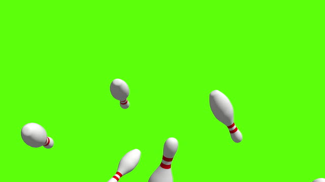 Bowling background. Falling white and red bowling pins over green screen or chroma key. Rain of bowling pins across the screen.